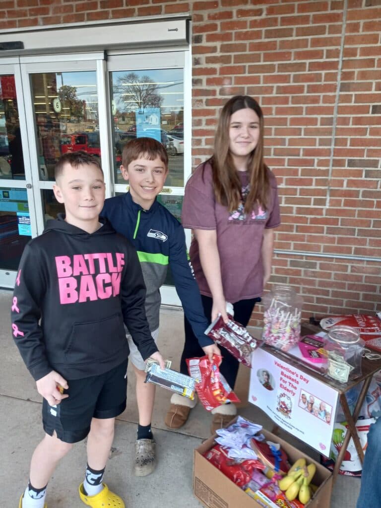 Local kids support a candy drive for Valentine baskets for the elderly.