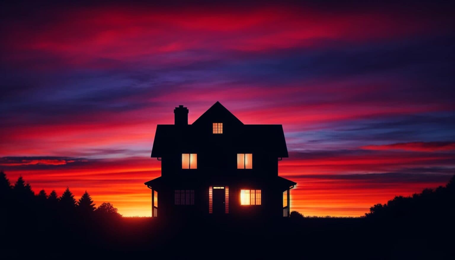A house silhouette against a red sunset sky.